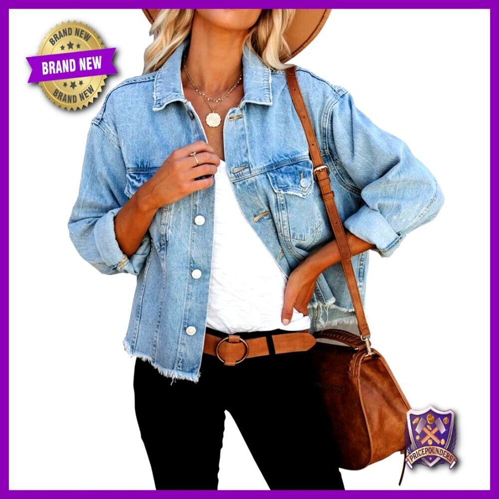 Classic Denim Trucker Jacket Cropped Frayed Loose Fit Button Up Shacket